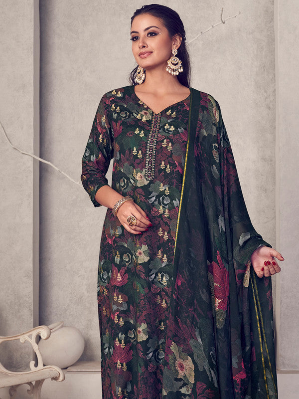 Jyoti Fashion Women's Black Pure Pashmina Digital Print with Jacquard Woven Kurta with Trouser & Dupatta | Grocsy