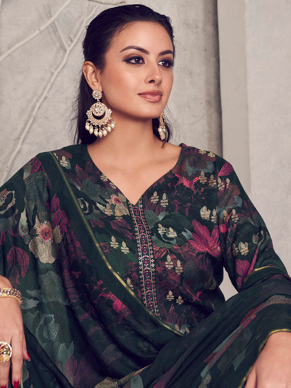 Jyoti Fashion Women's Black Pure Pashmina Digital Print with Jacquard Woven Kurta with Trouser & Dupatta | Grocsy