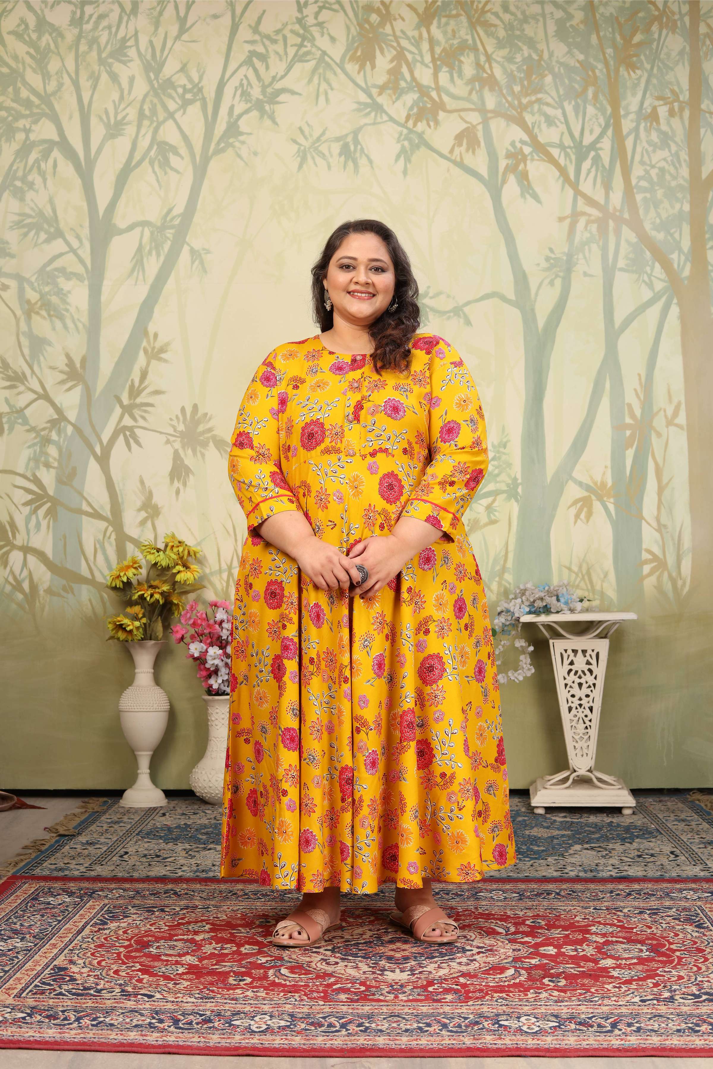 Jyoti Fashion Women's Yellow Rayon Floral Print with Sequins Designer Anarkali Set | Grocsy