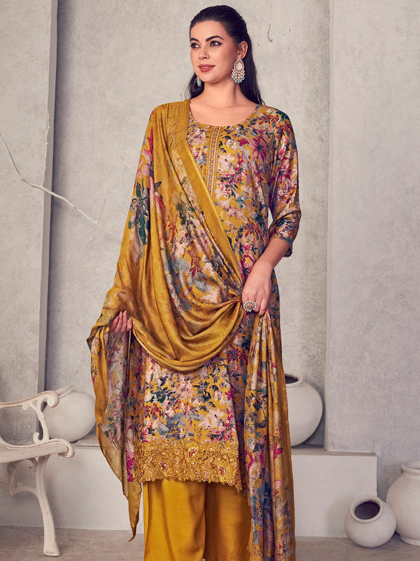 Jyoti Fashion Women's Mustard Pure Pashmina Digital Print with Jacquard Woven Kurta with Trouser & Dupatta | Grocsy