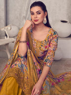 Jyoti Fashion Women's Mustard Pure Pashmina Digital Print with Jacquard Woven Kurta with Trouser & Dupatta | Grocsy