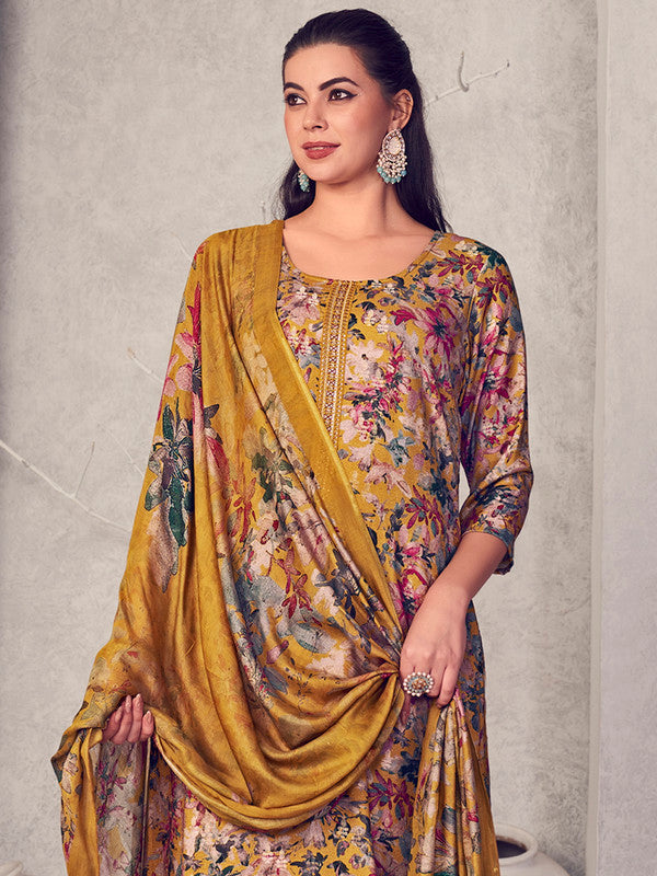 Jyoti Fashion Women's Mustard Pure Pashmina Digital Print with Jacquard Woven Kurta with Trouser & Dupatta | Grocsy