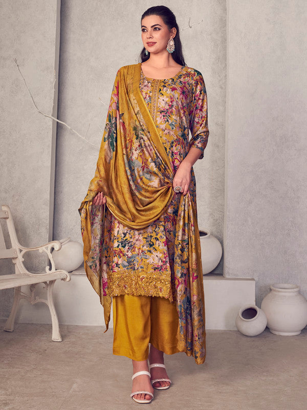 Jyoti Fashion Women's Mustard Pure Pashmina Digital Print with Jacquard Woven Kurta with Trouser & Dupatta | Grocsy