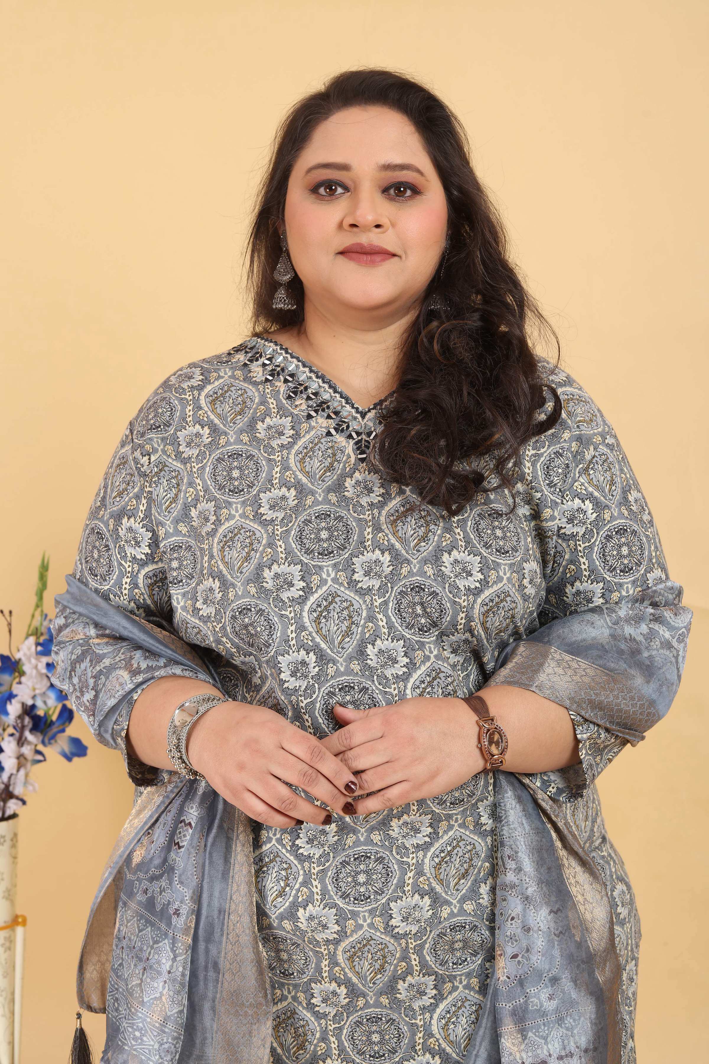 Jyoti Fashion Women's Grey Rayon Digital Print with Handwork Kurta Set | Grocsy