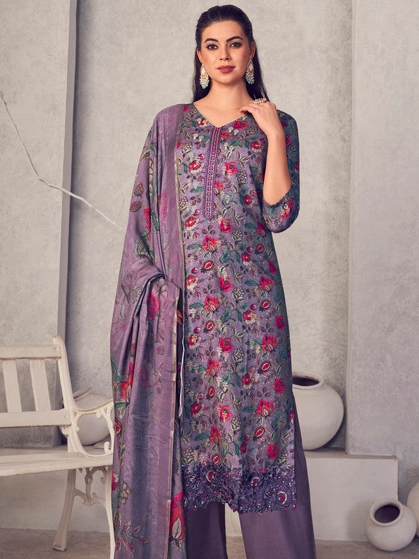 Jyoti Fashion Women's Purple Pure Pashmina Digital Print with Jacquard Woven Kurta with Trouser & Dupatta | Grocsy