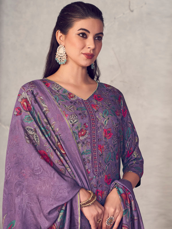 Jyoti Fashion Women's Purple Pure Pashmina Digital Print with Jacquard Woven Kurta with Trouser & Dupatta | Grocsy