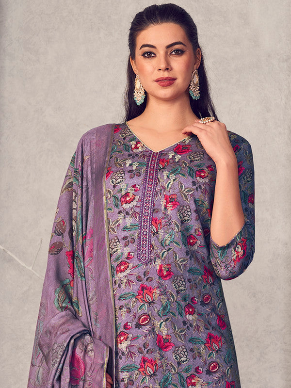 Jyoti Fashion Women's Purple Pure Pashmina Digital Print with Jacquard Woven Kurta with Trouser & Dupatta | Grocsy