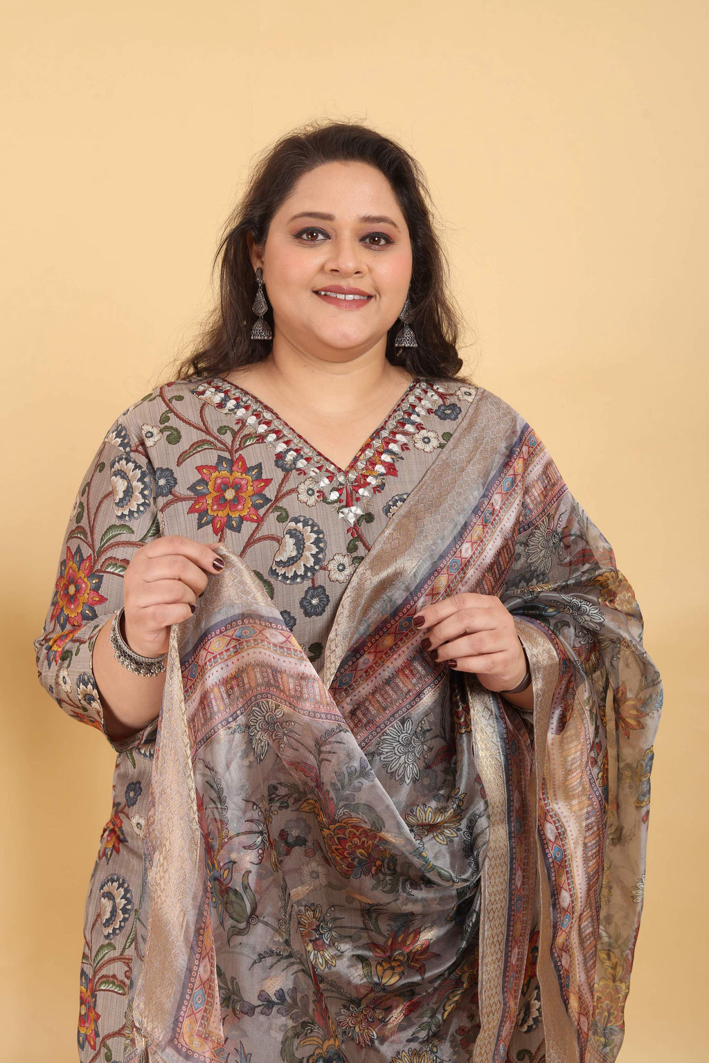 Jyoti Fashion Women's Grey Lichi Viscose Digital Print with Handwork Kurta Set | Grocsy