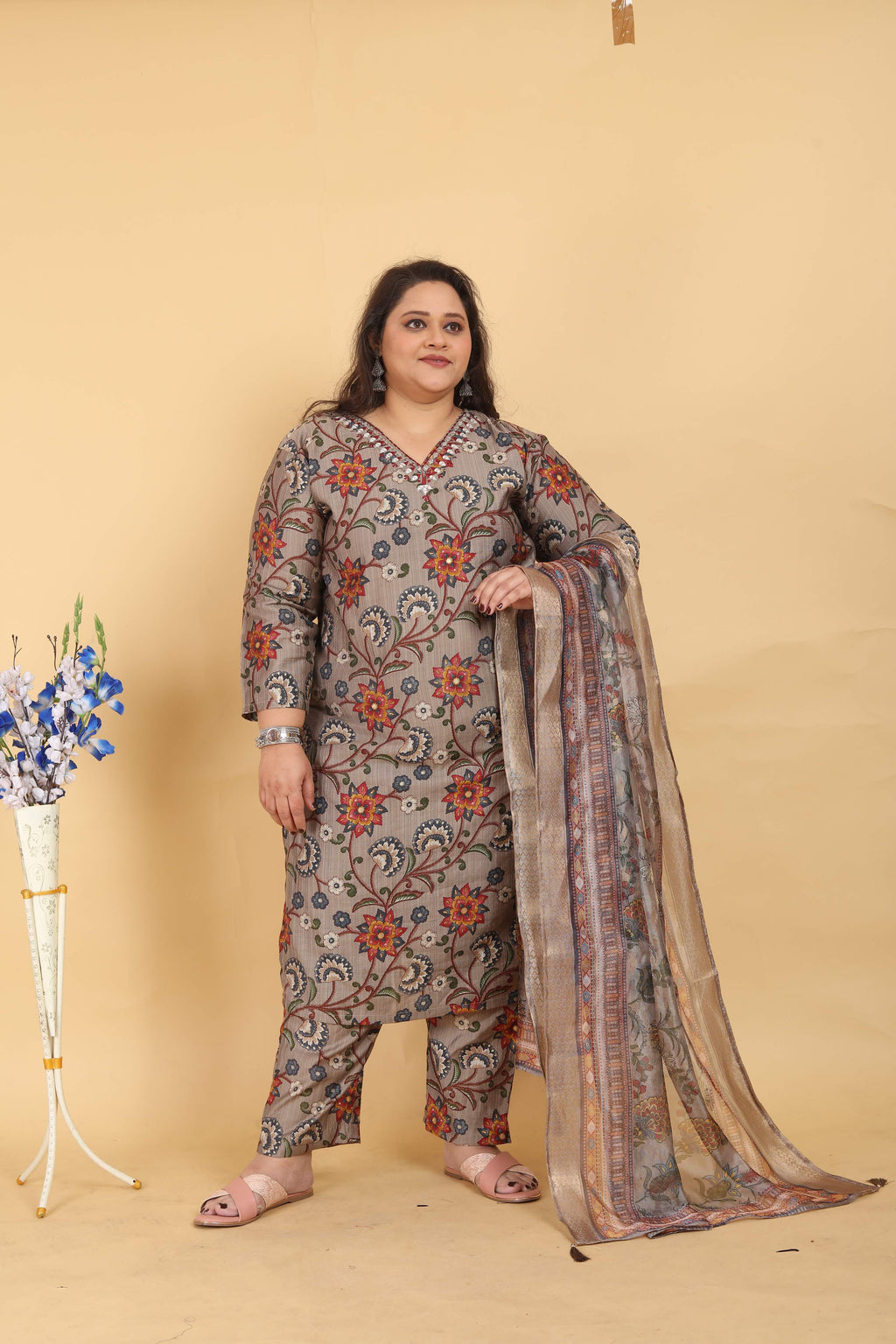 Jyoti Fashion Women's Grey Lichi Viscose Digital Print with Handwork Kurta Set | Grocsy