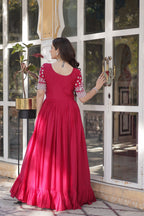 Jyoti Fashion Women's Pink Star Georgette Embroidered Anarkali Set With Bottom | Grocsy