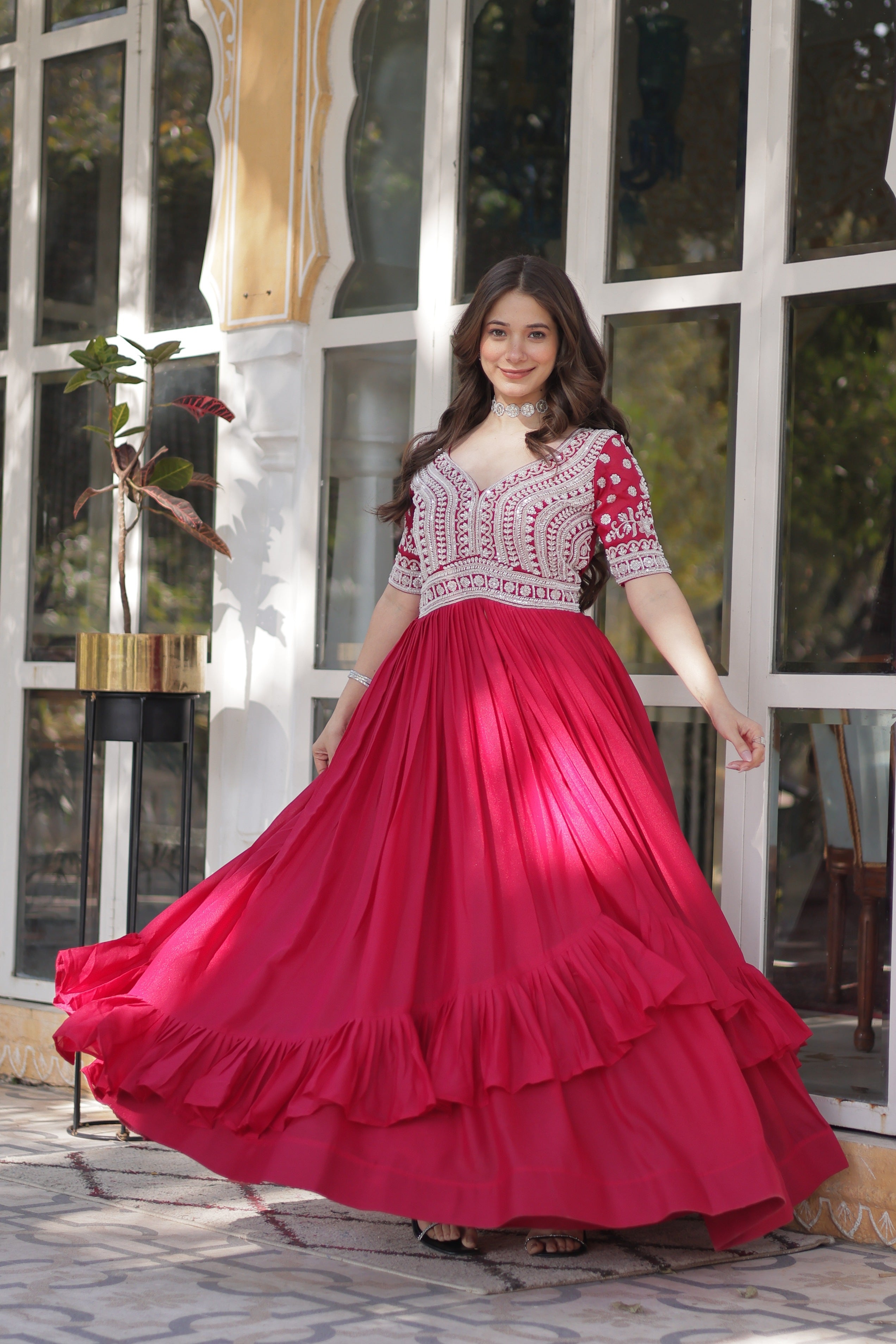 Jyoti Fashion Women's Pink Star Georgette Embroidered Anarkali Set With Bottom | Grocsy