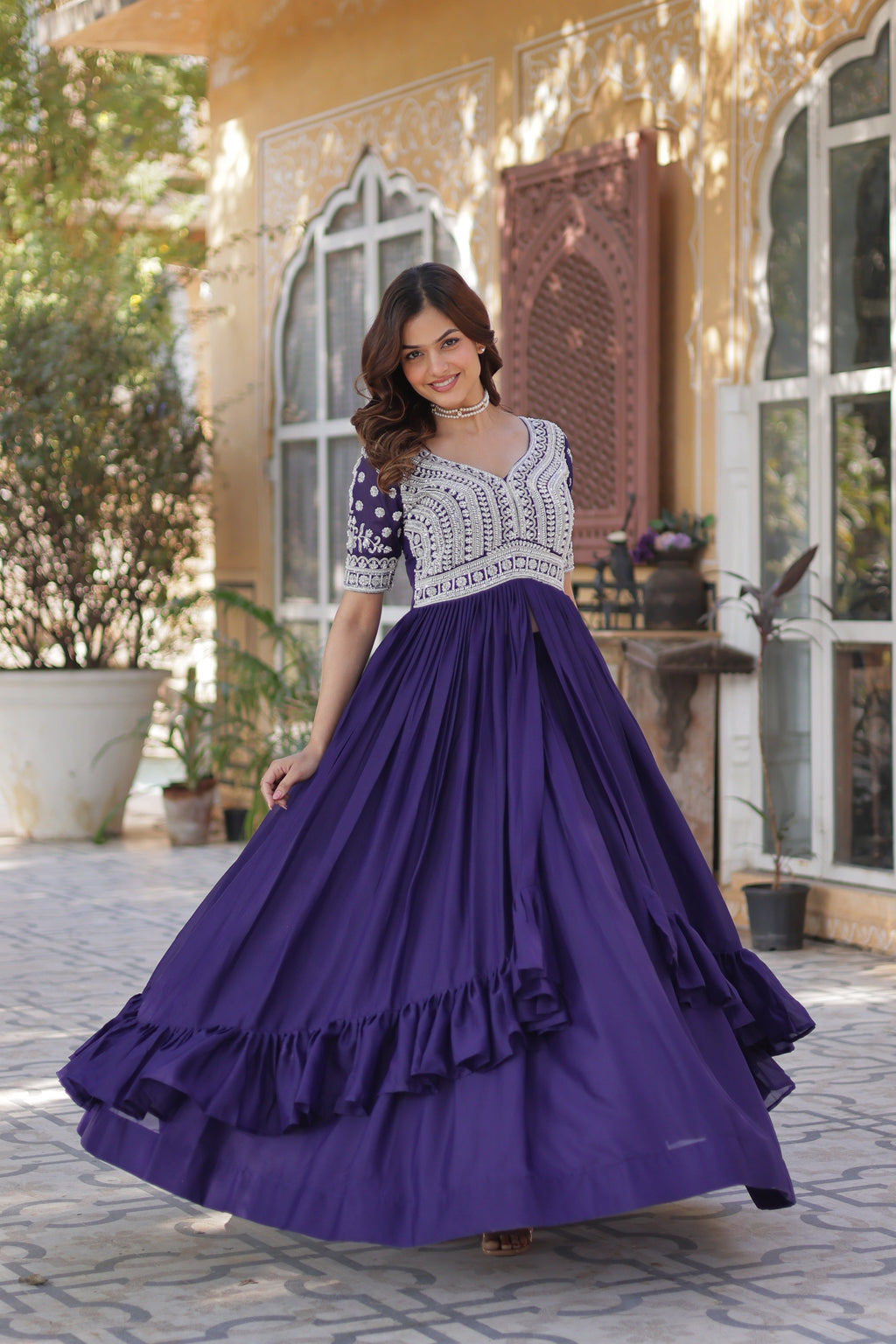 Jyoti Fashion Women's Purple Star Georgette Embroidered Anarkali Set With Bottom | Grocsy