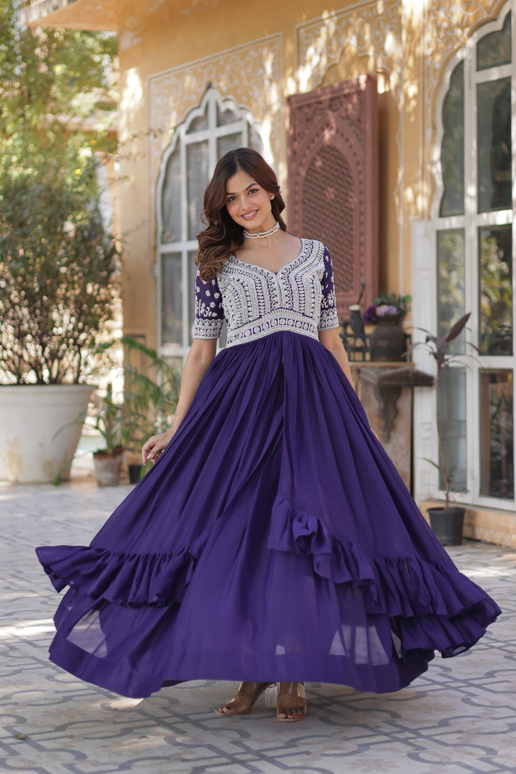 Jyoti Fashion Women's Purple Star Georgette Embroidered Anarkali Set With Bottom | Grocsy