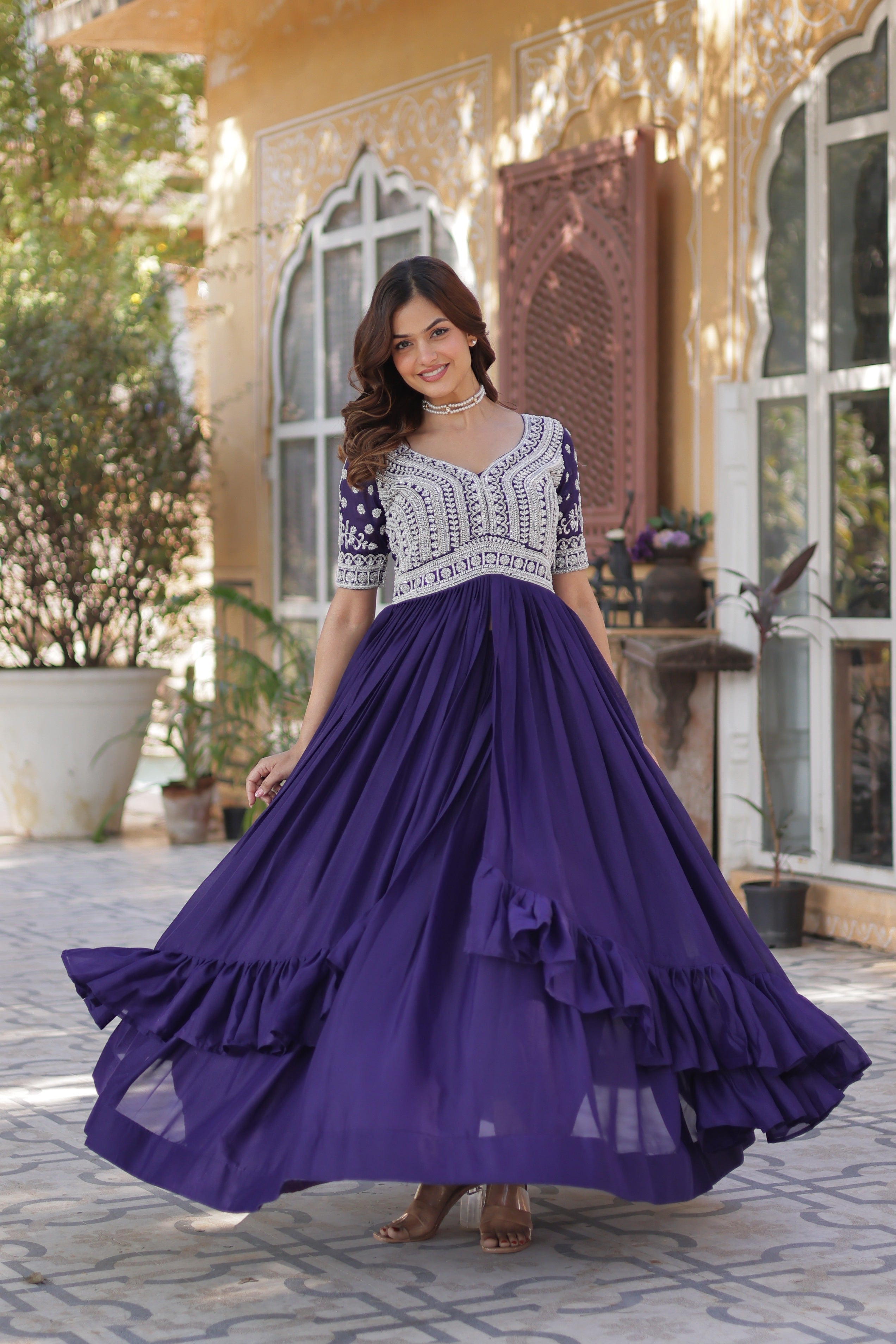 Jyoti Fashion Women's Purple Star Georgette Embroidered Anarkali Set With Bottom | Grocsy