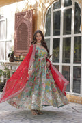 Jyoti Fashion Women's Sky Blue Russian Silk Foil Print with Sequence Embroidered Anarkali Set With Dupatta | Grocsy