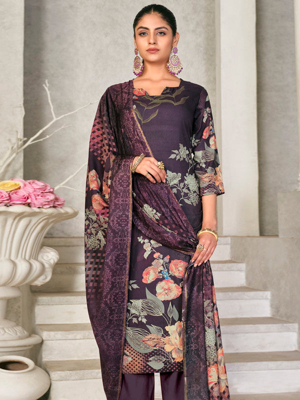 Jyoti Fashion Women's Violet Pashmina Floral Digital Printed Kurta with Trouser & Dupatta | Grocsy