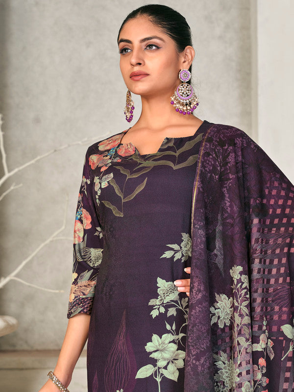 Jyoti Fashion Women's Violet Pashmina Floral Digital Printed Kurta with Trouser & Dupatta | Grocsy