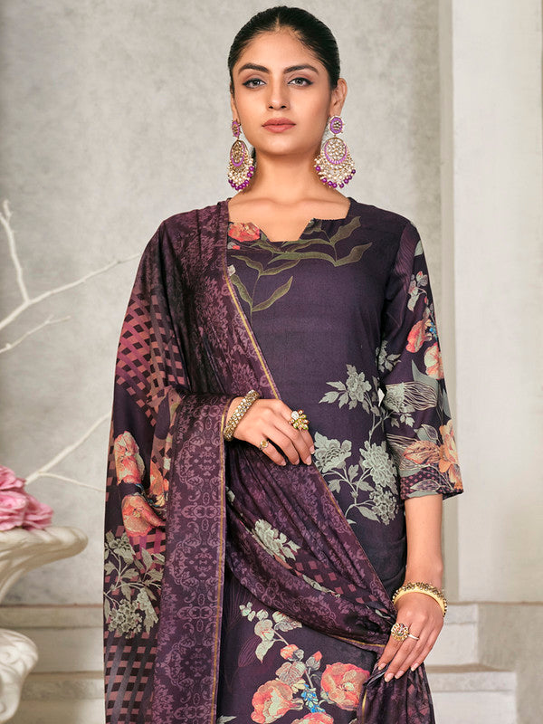 Jyoti Fashion Women's Violet Pashmina Floral Digital Printed Kurta with Trouser & Dupatta | Grocsy