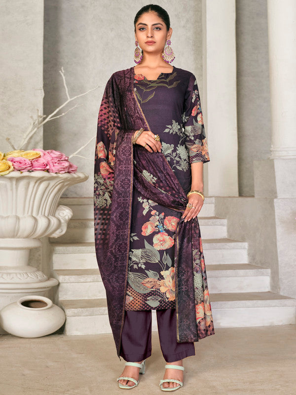 Jyoti Fashion Women's Violet Pashmina Floral Digital Printed Kurta with Trouser & Dupatta | Grocsy