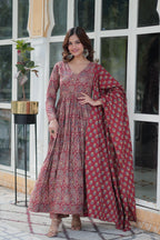 Jyoti Fashion Women's Maroon Cotton Floral Printed Designer Kurta Set | Grocsy