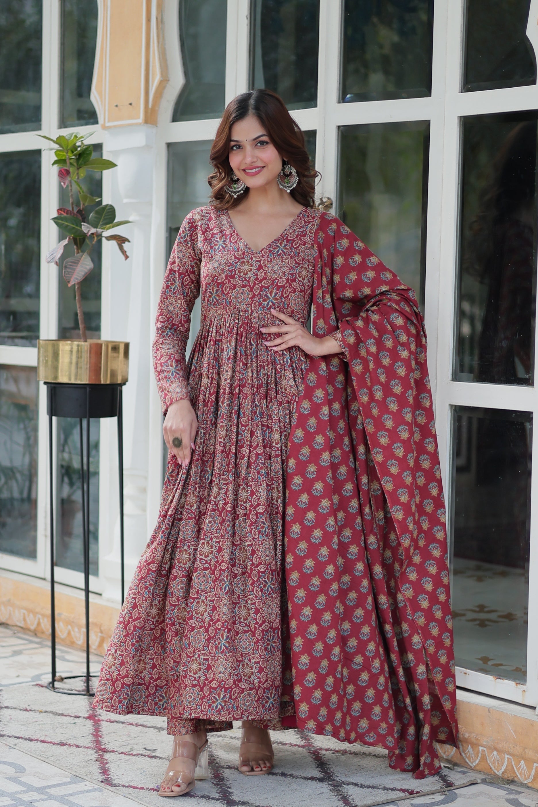 Jyoti Fashion Women's Maroon Cotton Floral Printed Designer Kurta Set | Grocsy