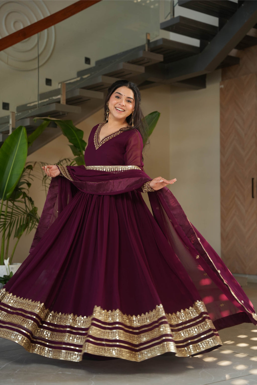 Jyoti Fashion Women's Wine Faux Blooming Sequins Zari Embroidered Anarkali Set With Dupatta | Grocsy