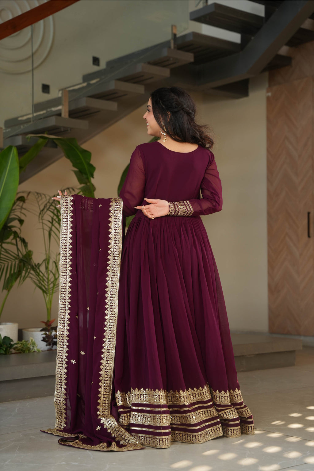 Jyoti Fashion Women's Wine Faux Blooming Sequins Zari Embroidered Anarkali Set With Dupatta | Grocsy