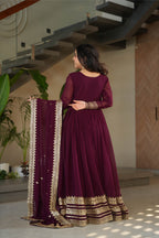 Jyoti Fashion Women's Wine Faux Blooming Sequins Zari Embroidered Anarkali Set With Dupatta | Grocsy