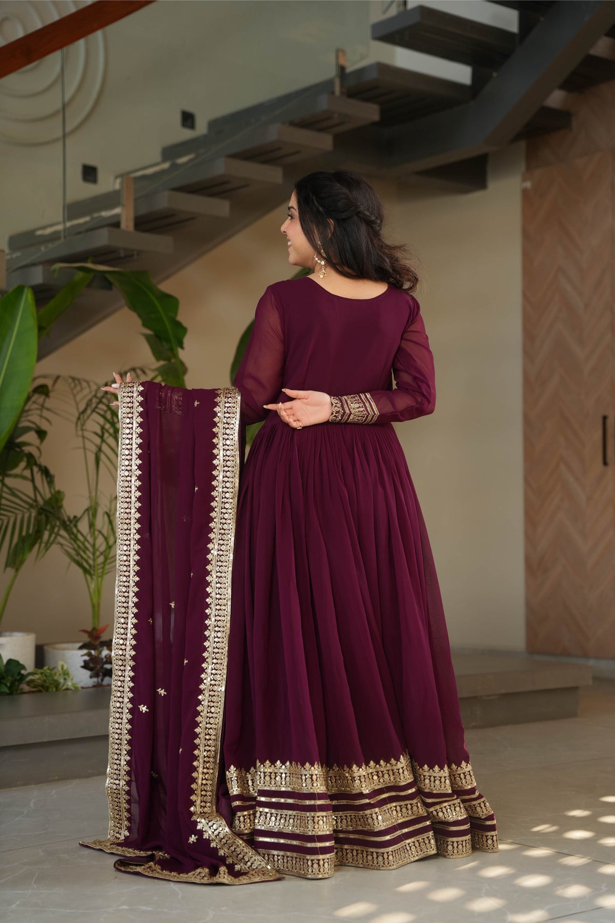 Jyoti Fashion Women's Wine Faux Blooming Sequins Zari Embroidered Anarkali Set With Dupatta | Grocsy