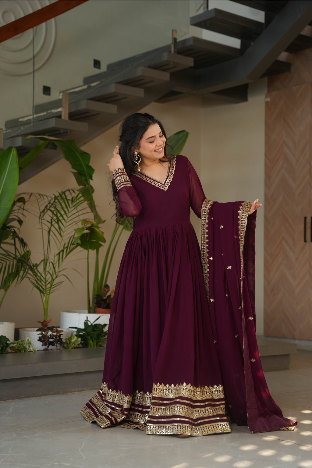 Jyoti Fashion Women's Wine Faux Blooming Sequins Zari Embroidered Anarkali Set With Dupatta | Grocsy