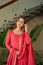 Jyoti Fashion Women's Pink Chinon Sequins Zari Embroidered Anarkali Set With Dupatta | Grocsy