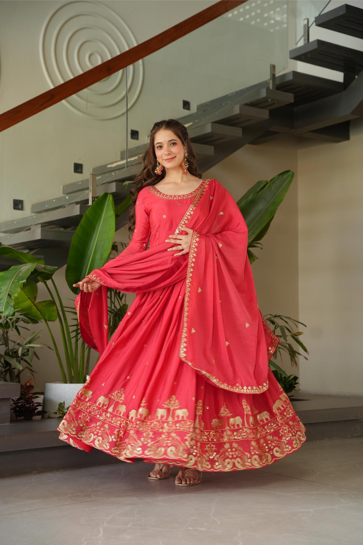 Jyoti Fashion Women's Pink Chinon Sequins Zari Embroidered Anarkali Set With Dupatta | Grocsy