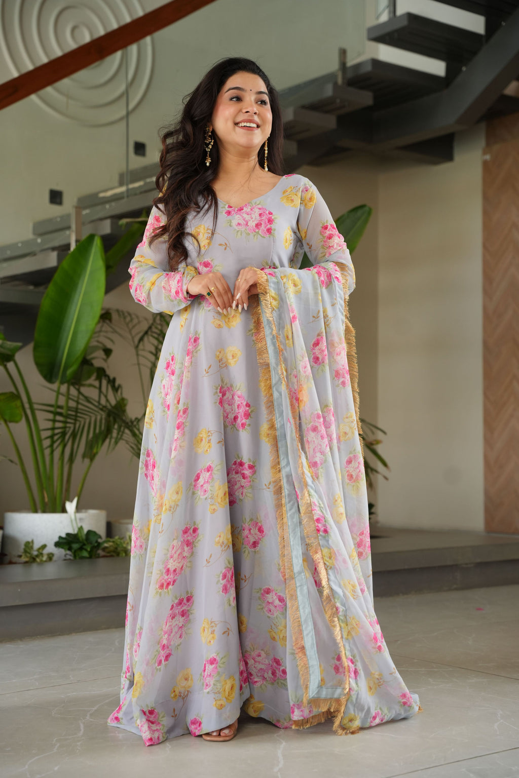 Jyoti Fashion Women's Grey Faux Georgette Floral Digital Printed Anarkali Set With Dupatta | Grocsy