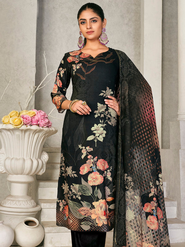 Jyoti Fashion Women's Black Pashmina Floral Digital Printed Kurta with Trouser & Dupatta | Grocsy