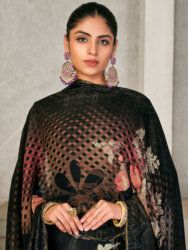 Jyoti Fashion Women's Black Pashmina Floral Digital Printed Kurta with Trouser & Dupatta | Grocsy