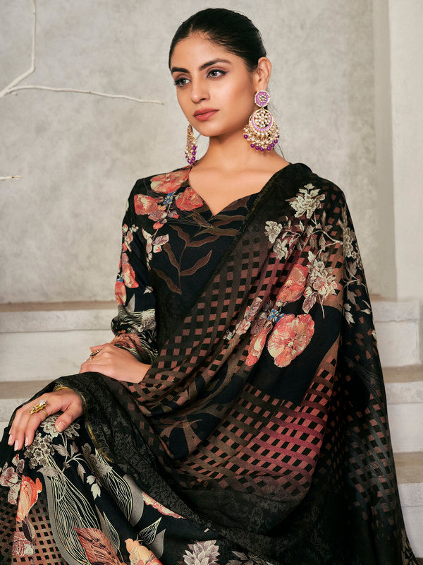 Jyoti Fashion Women's Black Pashmina Floral Digital Printed Kurta with Trouser & Dupatta | Grocsy