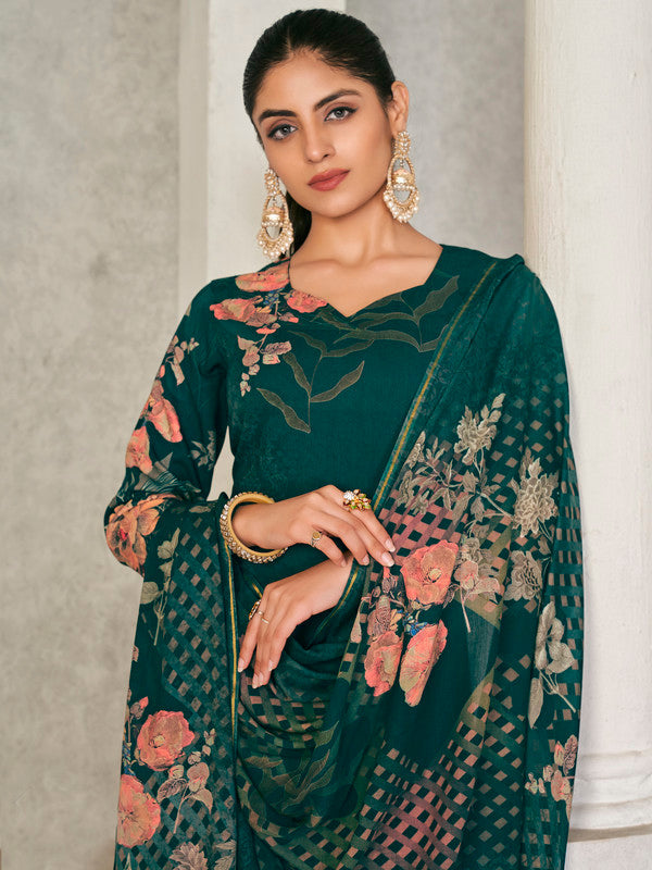Jyoti Fashion Women's Green Pashmina Floral Digital Printed Kurta with Trouser & Dupatta | Grocsy