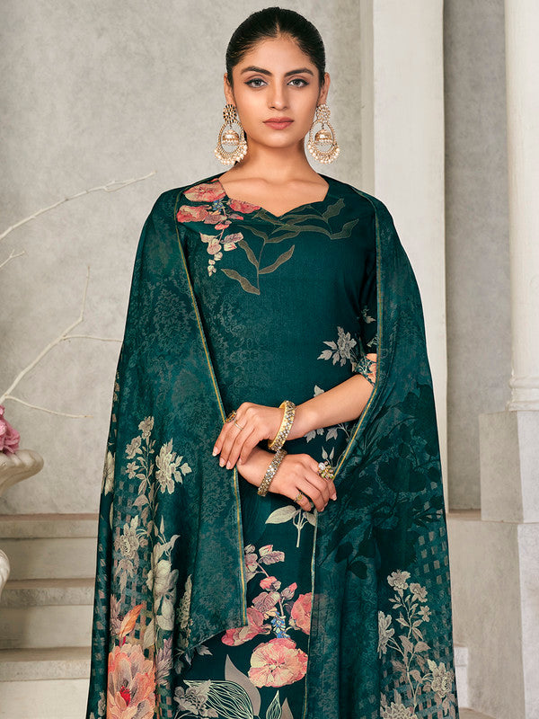 Jyoti Fashion Women's Green Pashmina Floral Digital Printed Kurta with Trouser & Dupatta | Grocsy
