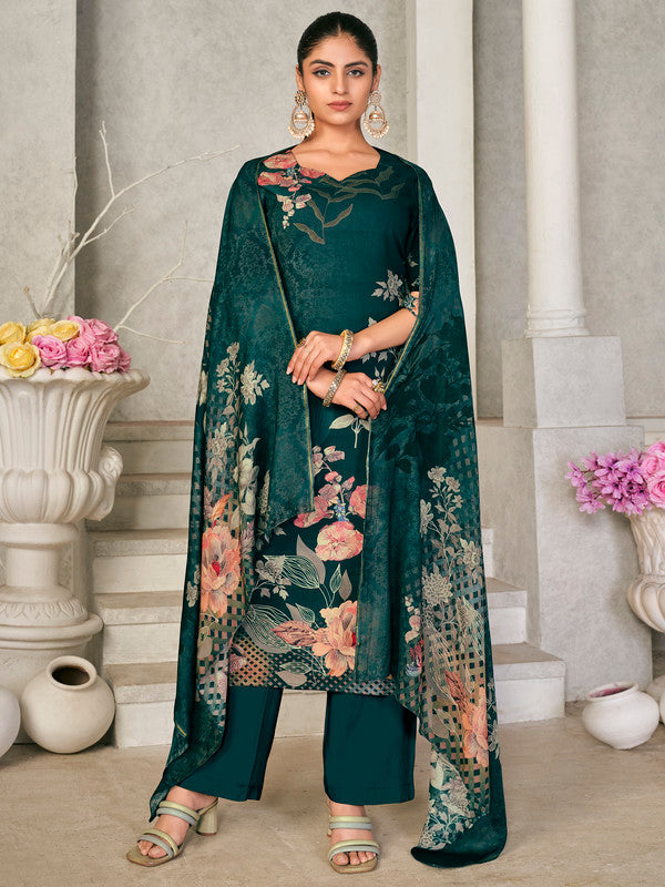 Jyoti Fashion Women's Green Pashmina Floral Digital Printed Kurta with Trouser & Dupatta | Grocsy