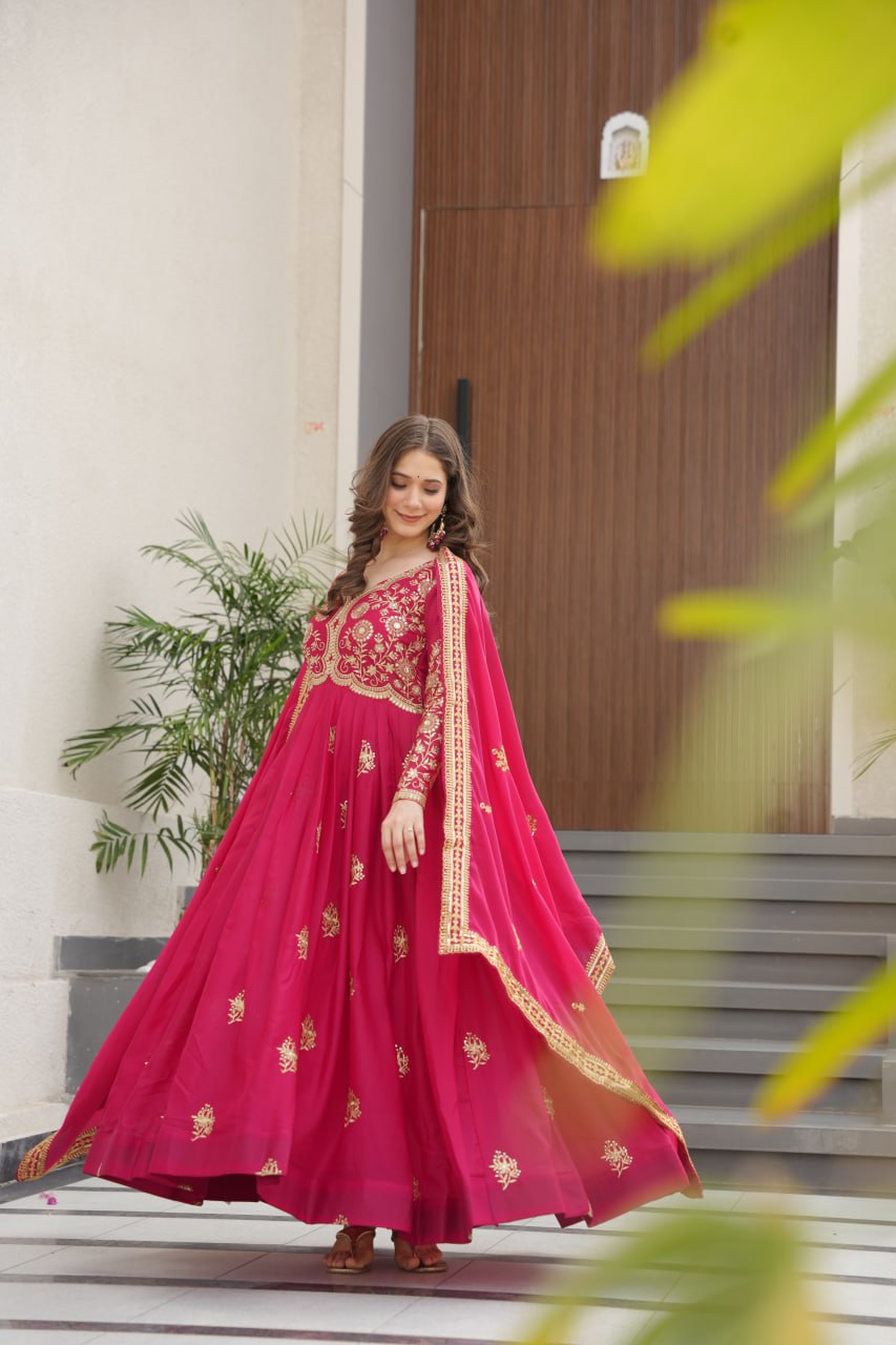 Jyoti Fashion Women's Pink Star Georgette Sequins & Zari Embroidered Anarkali Set With Dupatta | Grocsy