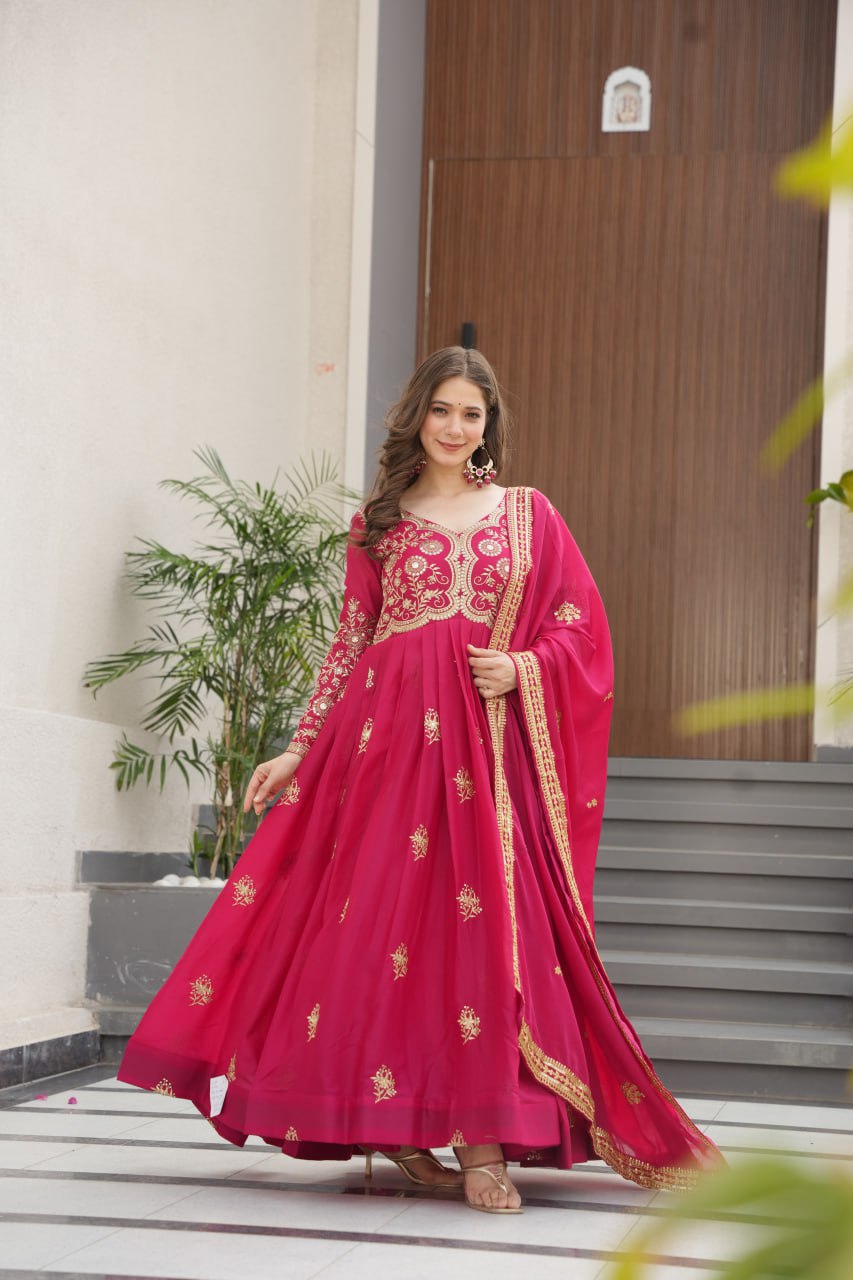 Jyoti Fashion Women's Pink Star Georgette Sequins & Zari Embroidered Anarkali Set With Dupatta | Grocsy