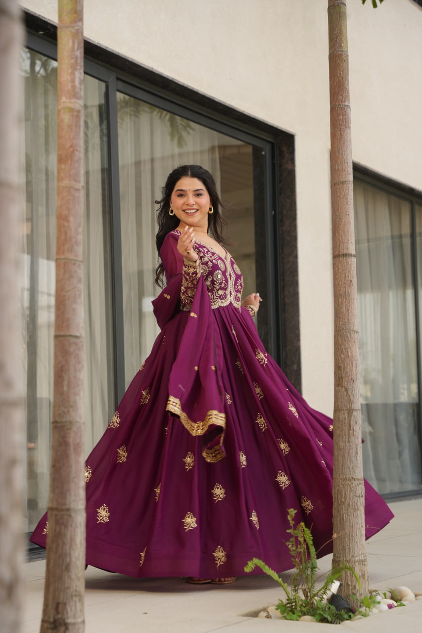 Jyoti Fashion Women's Wine Star Georgette Sequins & Zari Embroidered Anarkali Set With Dupatta | Grocsy