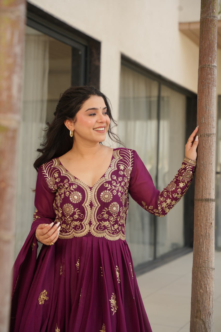 Jyoti Fashion Women's Wine Star Georgette Sequins & Zari Embroidered Anarkali Set With Dupatta | Grocsy