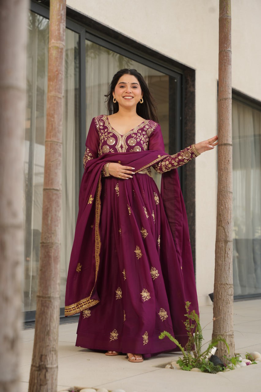 Jyoti Fashion Women's Wine Star Georgette Sequins & Zari Embroidered Anarkali Set With Dupatta | Grocsy