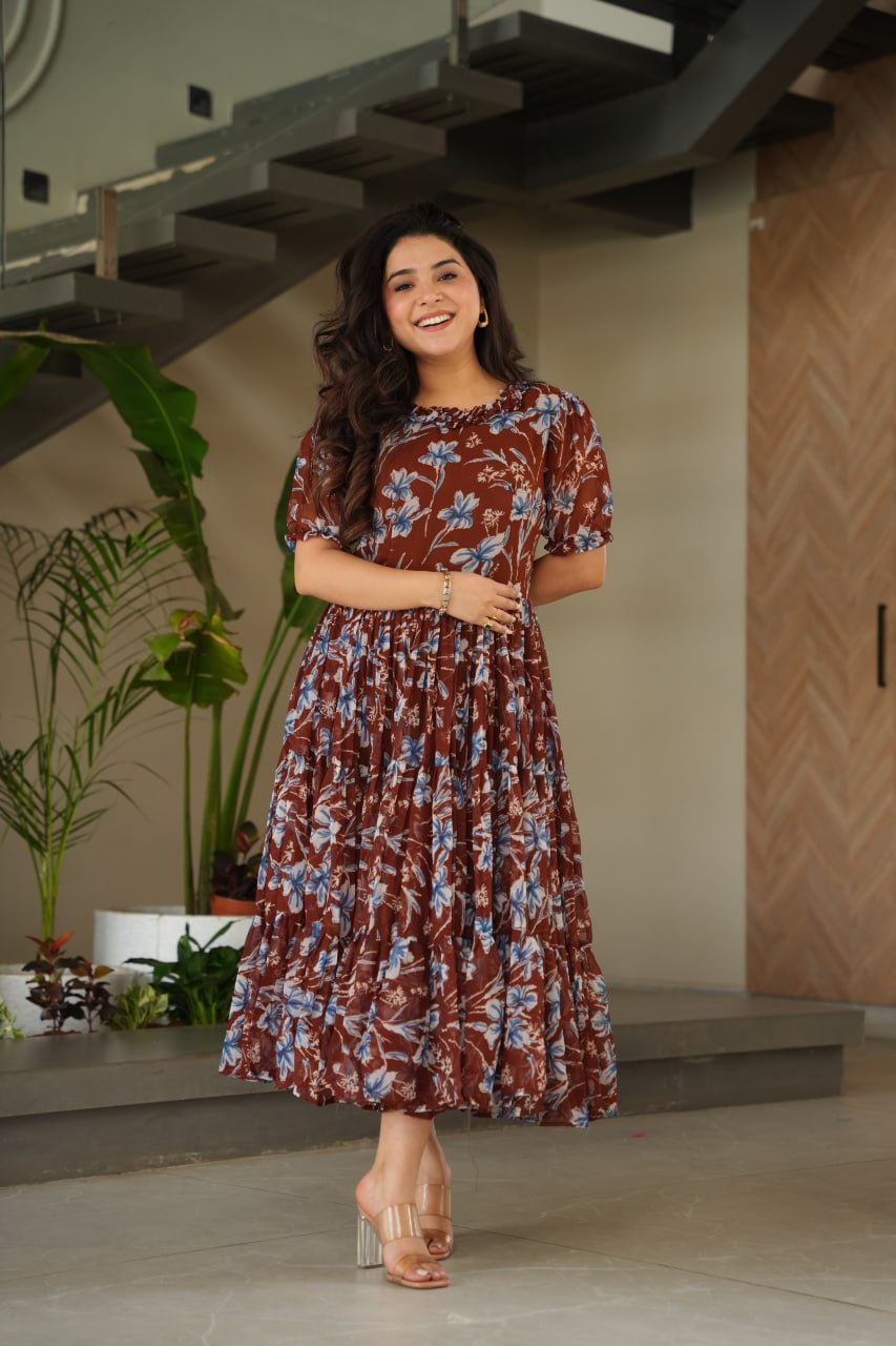 Jyoti Fashion Women's Brown Faux Georgette Printed Long Designer Anarkali Set | Grocsy
