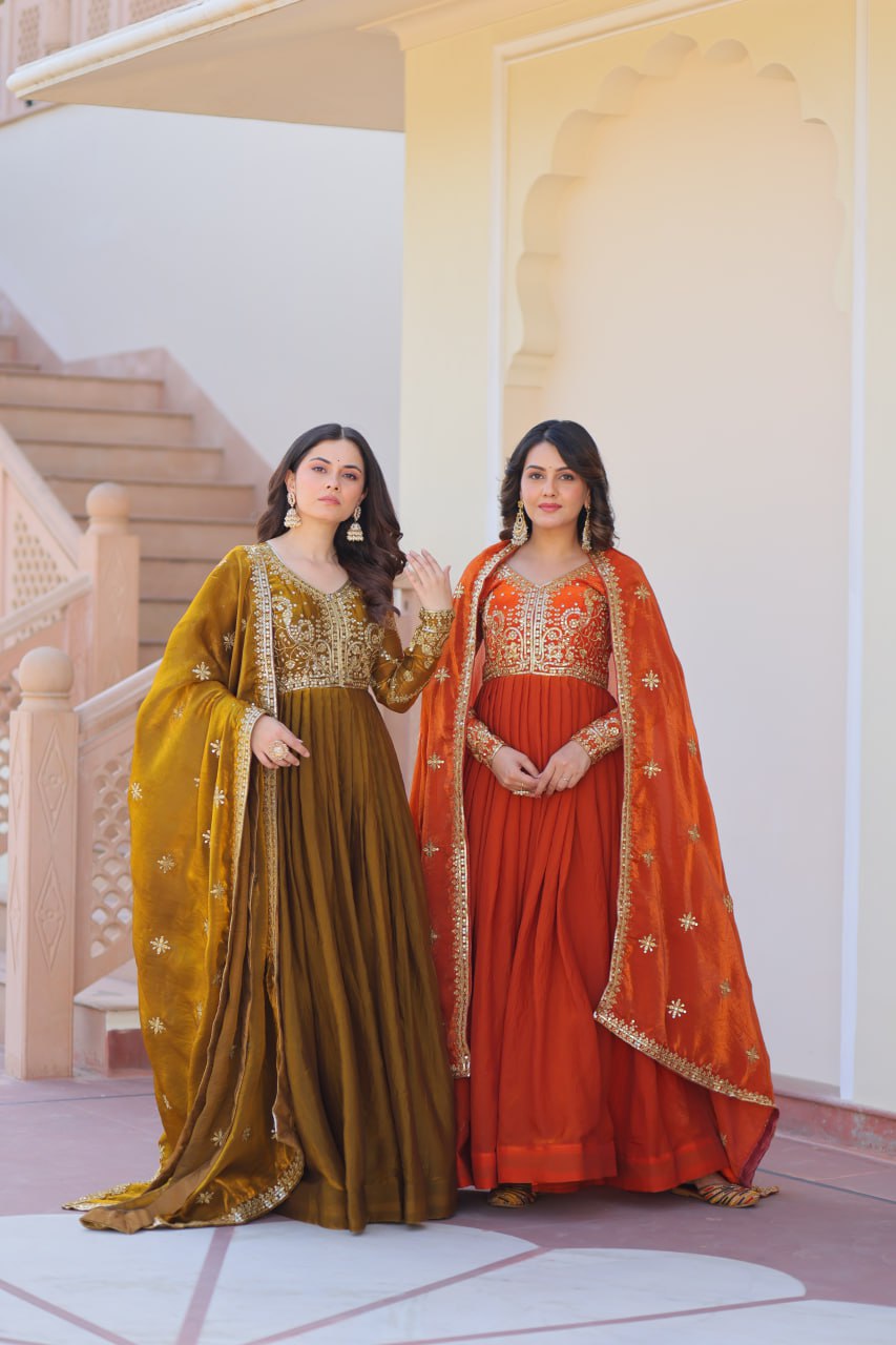 Jyoti Fashion Women's Mehendi & Fanta Fendi Sequins & Zari Embroidered Anarkali Combo Set With Dupatta | Grocsy