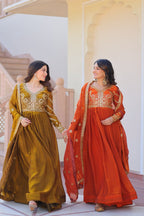 Jyoti Fashion Women's Mehendi & Fanta Fendi Sequins & Zari Embroidered Anarkali Combo Set With Dupatta | Grocsy