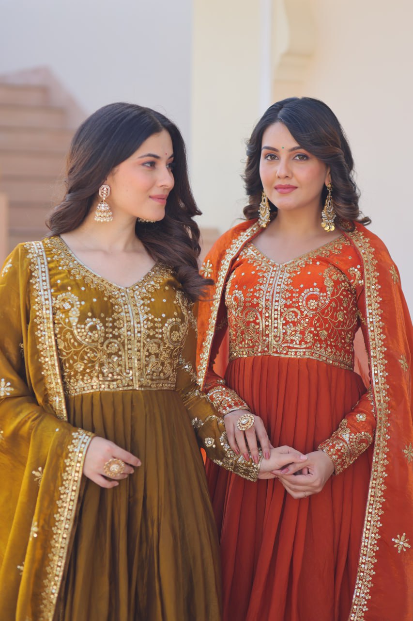 Jyoti Fashion Women's Mehendi & Fanta Fendi Sequins & Zari Embroidered Anarkali Combo Set With Dupatta | Grocsy