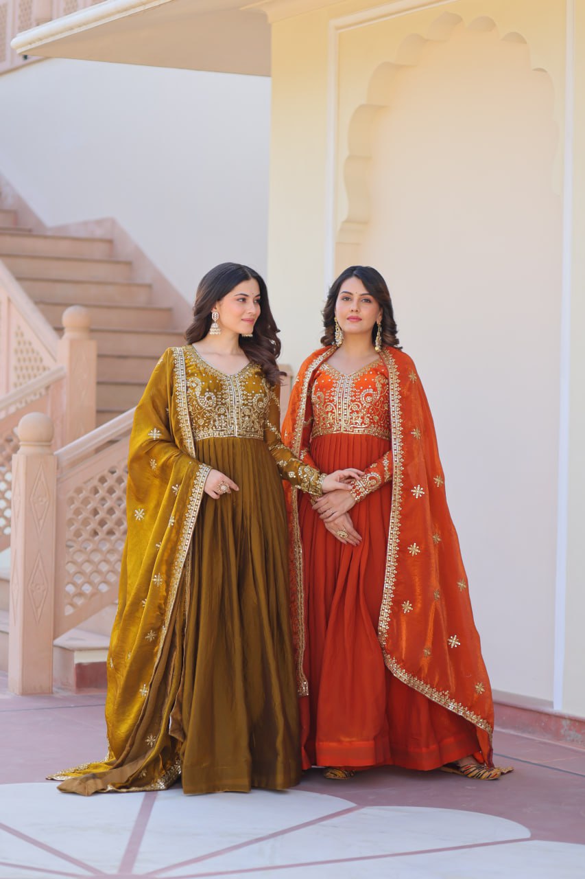 Jyoti Fashion Women's Mehendi & Fanta Fendi Sequins & Zari Embroidered Anarkali Combo Set With Dupatta | Grocsy