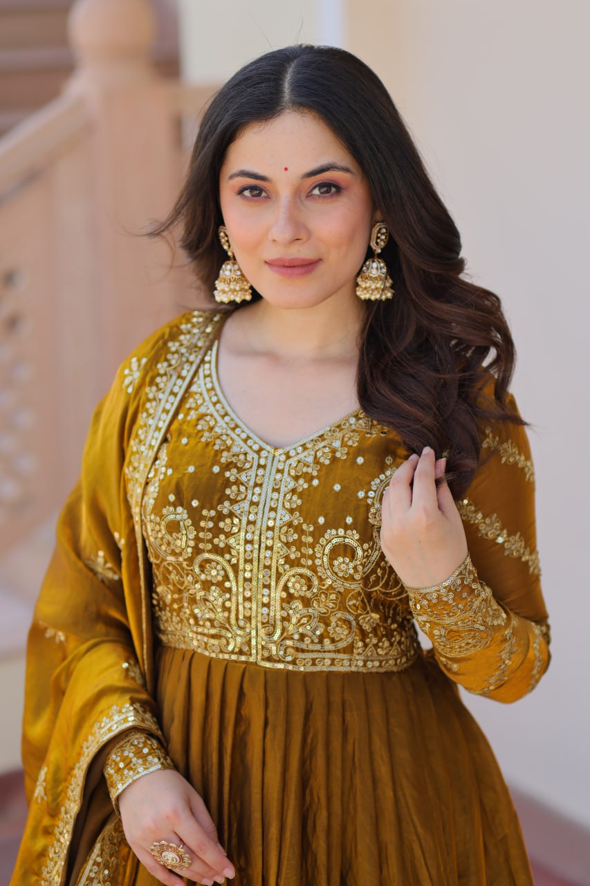 Jyoti Fashion Women's Mehendi Fendi Sequins & Zari Embroidered Anarkali Set With Dupatta | Grocsy